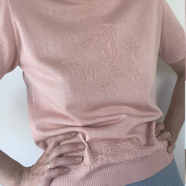vintage peach knit embroidered short sleeved blouse small 