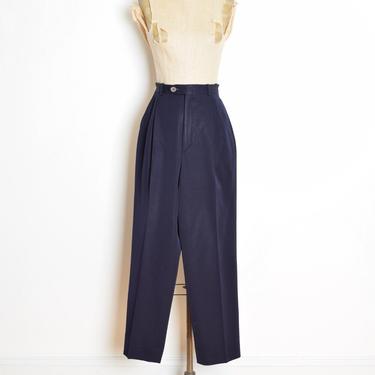 vintage 80s pants navy blue wool high waisted pleated tapered trousers XS S clothing 
