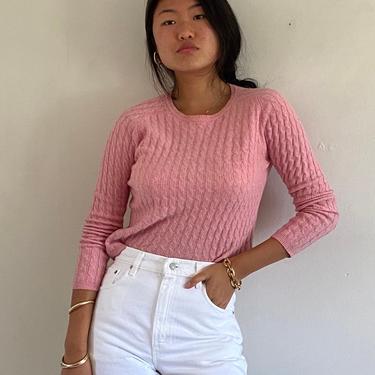 80s cashmere sweater / vintage blush pink pure 2 ply cashmere mini cable ribbed knit cropped raglan sweater | S 