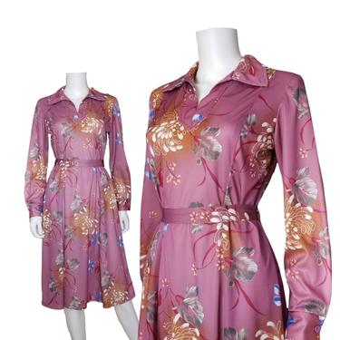 Vintage Mauve Floral Dress, Medium Large / Belted Floral Midi Day Dress / Flared 1970s Polyester Dress / Long Sleeve Boho Chic Spring Dress 