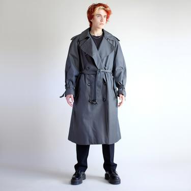Oversized Trench Coat, Vintage 90s Long Belted Jacket, Double Breasted Unisex Dark Gray Charcoal Minimal Simple Full Length Wool Lined 