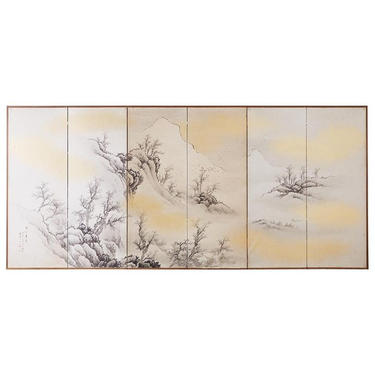 Japanese Six Panel Edo Ink on Paper Landscape Screen by ErinLaneEstate