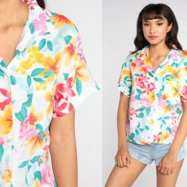Tropical Floral Shirt DVF Blouse White Pink Hawaiian Blouse Button Up 80s Vintage Summer Vacation Short Sleeve Top 1980s Medium 