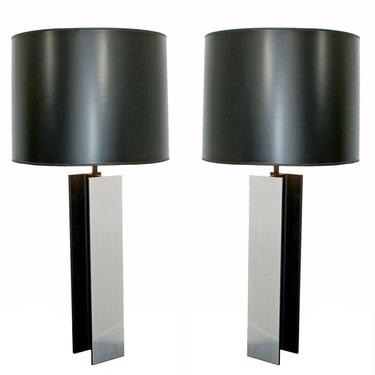 Mid Century Modern Pair of Laurel I Beam Black & Steel Chrome Table Lamps 1970s 