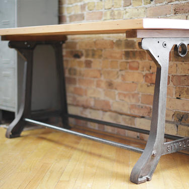 vintage table with Simplex cast iron base and custom wood top 