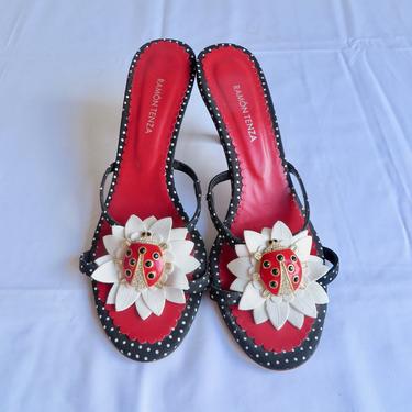 Vintage Size 7.5 Lady Bug Slip On Sandals Kitten Heels Polkadots Ramon Tenza Black White Red 1990's 