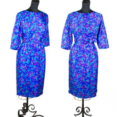 Vintage 1950s Dress ~ Silk Blue and Hot Pink Floral Wiggle Cocktail Dress by Betty Barclay 