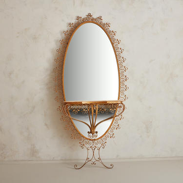 Italian Oval Brass Mirror with Attached Floating Marble Console by Pier Luigi Colli