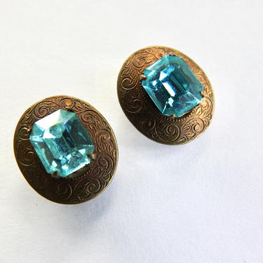 Deco Aqua Rhinestone Brass Clip on Earrings 