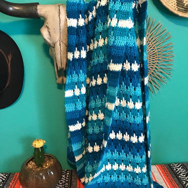 Vintage Blue Thick Hand Crocheted Throw Blanket 
