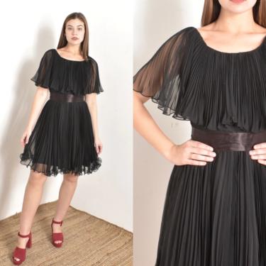 Vintage 1960s Dress / 60s Miss Elliette Ruffled Party Dress / Black ( small S ) 