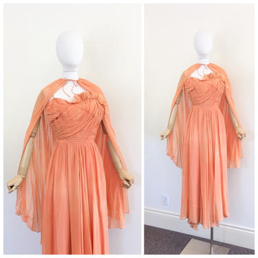 FINAL SALE /// 40s Peach Chiffon Floor Length Dress and Cape / Hood / 1940s Vintage Gown / Small / Size 4 