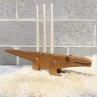 Vintage Candlestick Holder Retro 1980s Hand Carved + Wood + Alligator + Crocodile + Gator + Lizard + Holds 3 Candles + Home and Table Decor 