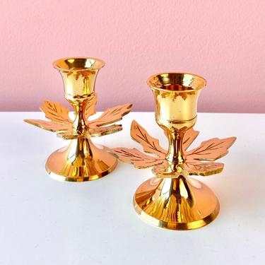 Pair of Brass Candle Holders with Leaf Design 