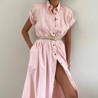 80s pinstripe shirt dress / vintage cotton pink pinstripe button front collared oversized shirt dress | XL 