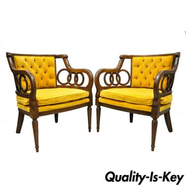 Pair of Vintage Hollywood Regency Spiral Ring Yellow Lounge Arm Club Chairs