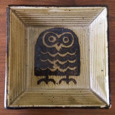 Square Owl Dish Tray Japanese pottery Vintage Handmade Rare midcentury Studio Otagiri Wall Art 