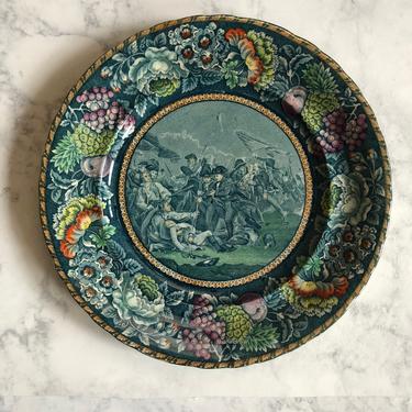 Vintage Battle of Bunker Hill Plate, B&amp;D Staffordshire England Historical Pottery, green polychrome transferware, americana display plate 