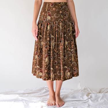 Vintage 80s Mondi Olive Green Pleated Drop Waist Skirt w/ Floral Paisley Peacock Print | 100% New Wool | 1980s German Designer A-Line Skirt 