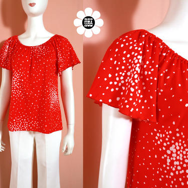 Pretty Vintage 70s Red & White Polka Dot Flutter Sleeve Blouse 
