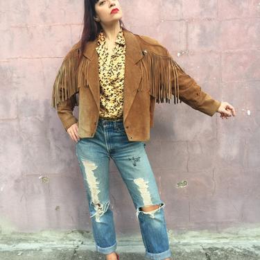 vintage 80s leather fringe jacket | tan suede cowboy western jacket 