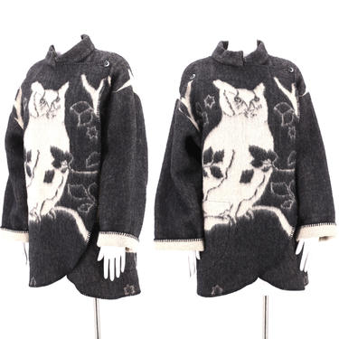 vintage OWL PRINT wool coat / vintage 70s 80s LILLUNN Norway bird pattern blanket jacket M-L 