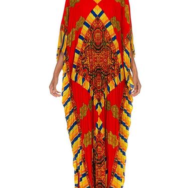 1960S Red  Gold Poly/Cotton Pleated Paisley Print Kaftan 
