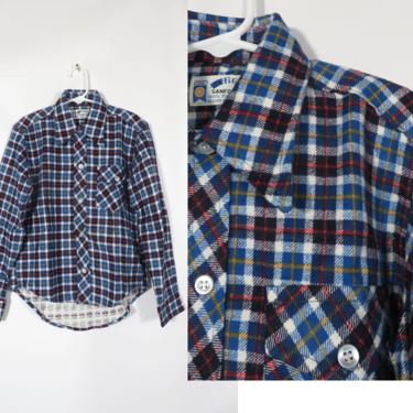 Vintage 70s Boys Deadstock Plaid Cotton Flannel Button Up Shirt Size 10 / 12 