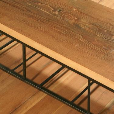 industrial blonde bench with flared leg and storage - from reclaimed old growth wood and high recycled content steel - modern coffee table 