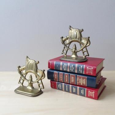 pair solid brass bookends - fire fighter hat hose hydrant ladder - gift for everyday hero 