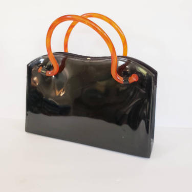 1950s Black Patent Leather Handbag Tortoiseshell Handles / 60s Chunky Shiny Purse Bag 
