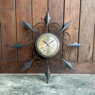 Elgin Spike Wall Clock Metalwork Black like Arthur Umanoff Vintage Mid-Century Modern Starburst Rococo Revival 