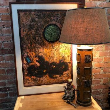 Universe II signed “Cokan” with antique industrial fabric pattern roller / lamp conversion