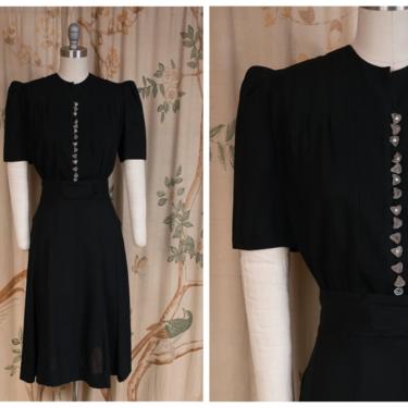 1930s Dress Set - Darling Black Late 30s Rayon Day Dress with Peaked Sleeves and Lily Buttons 