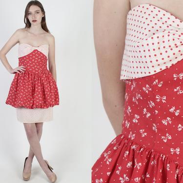 Gunne Sax Strapless Party Gown / Cute Red Calico Bow Tie Bodice / Sexy Sweetheart Party Micro Mini Dress 