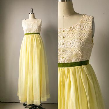 1960s Dress Chiffon Lace Maxi Gown S 