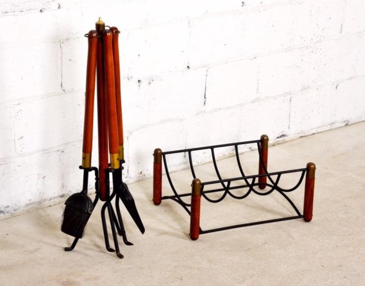 MCM Walnut & Iron Fireplace Tools and Log Holder Set