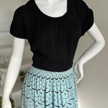 1940s Black Rayon Crepe and Cold Rayon Day Dress with Baby Blue Patterned Blue Skirt 34 Bust Vintage 