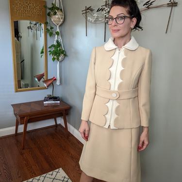 Vintage 1950's Buff/Cream and White Shift Dress and Jacket Suit by Schultz Bros 