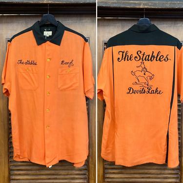 Vintage 1950’s Size L Orange and Black Roped Devil’s Lake Rayon Bowling Shirt, 50’s Rayon Shirt, 50’s Bowling, Vintage Clothing 