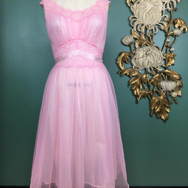 1960s nightgown, pink nylon nightgown, vanity fair nightie, vintage 60s nightgown, full skirt nightgown, 34 bust, medium, mrs maisel style 