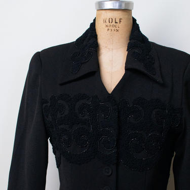 1940s Black Boucle Trim Blazer / 40s Jacket 
