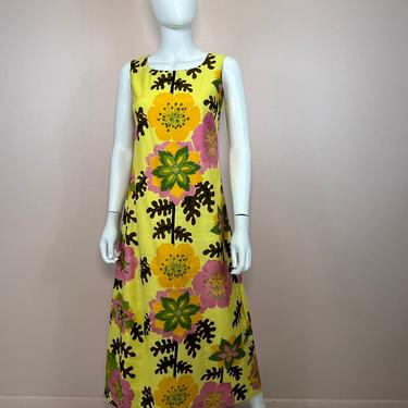 Vtg 1960s 1970s yellow floral maxi dress 