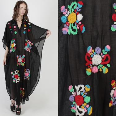Black Mexican Dress Caftan Dress Embroidered Vintage Summer Floral Beach Cover Up Boho Hippie Sheer Sun Maxi Kaftan Dress OS 