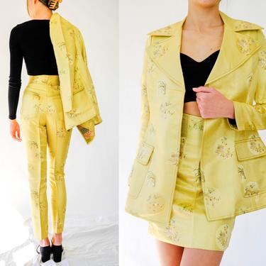 Vintage 90s Richard Tyler Gold Kimono Chirimen Silk Three Piece Blazer, Pant & Skirt Suit | 100% Silk | Made in USA | 1990s Designer Suit 