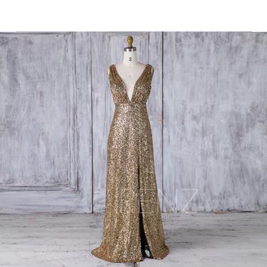 Bridesmaid Dress Gold Sequin Dress V Neck Wedding Dress Slit Ruched Evening Gown V Back Sleeveless Prom Dress (JQ200) 