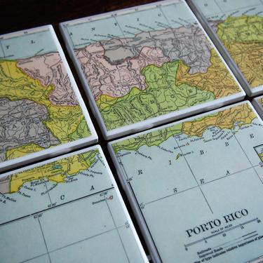1909 Puerto Rico Handmade Repurposed Vintage Map Coasters Set of 6 - Ceramic Tile - Repurposed 1900s Hammond Atlas - One of a Kind  San Juan 