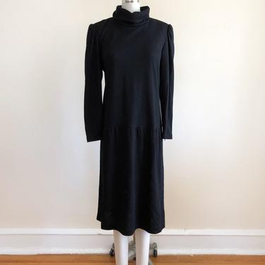 Black Wool Turtleneck Dress with Drop-Waist - 1980s 