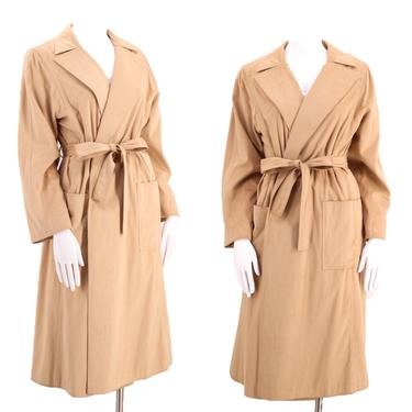 70s ultra suede trench coat dress M / vintage 1970s khaki camel faux suede tie coat and matching skirt Halston era 