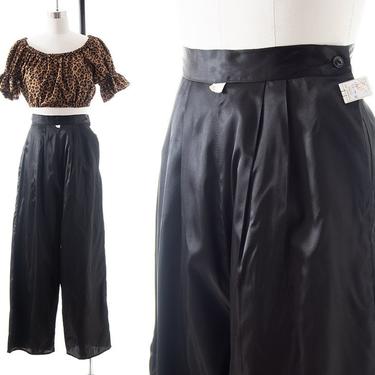 Vintage 1940s Pants | 40s DEADSTOCK with Tags Black Satin High Waisted Wide Leg Evening Party Trousers (small) 